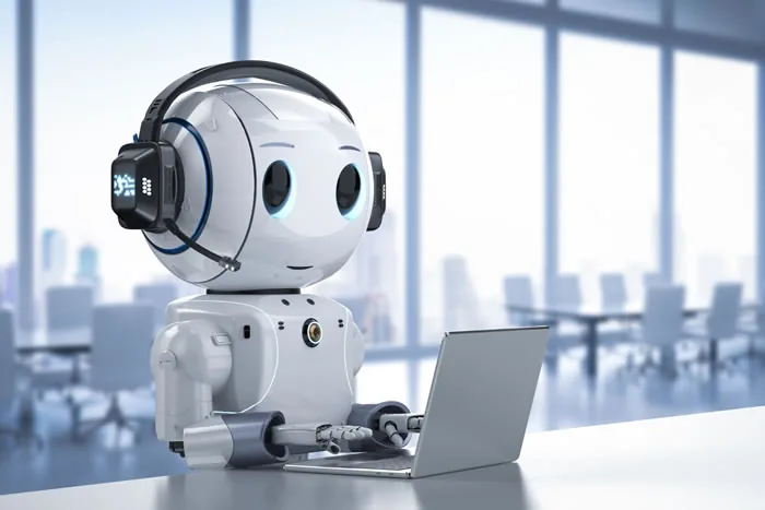 AI robot with laptop illustrating AI agents and the Target Operating Model